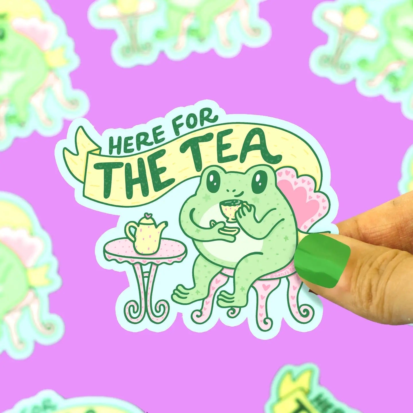 Here For the Tea Frog Gossip Vinyl Sticker - Cloverdilly Kids