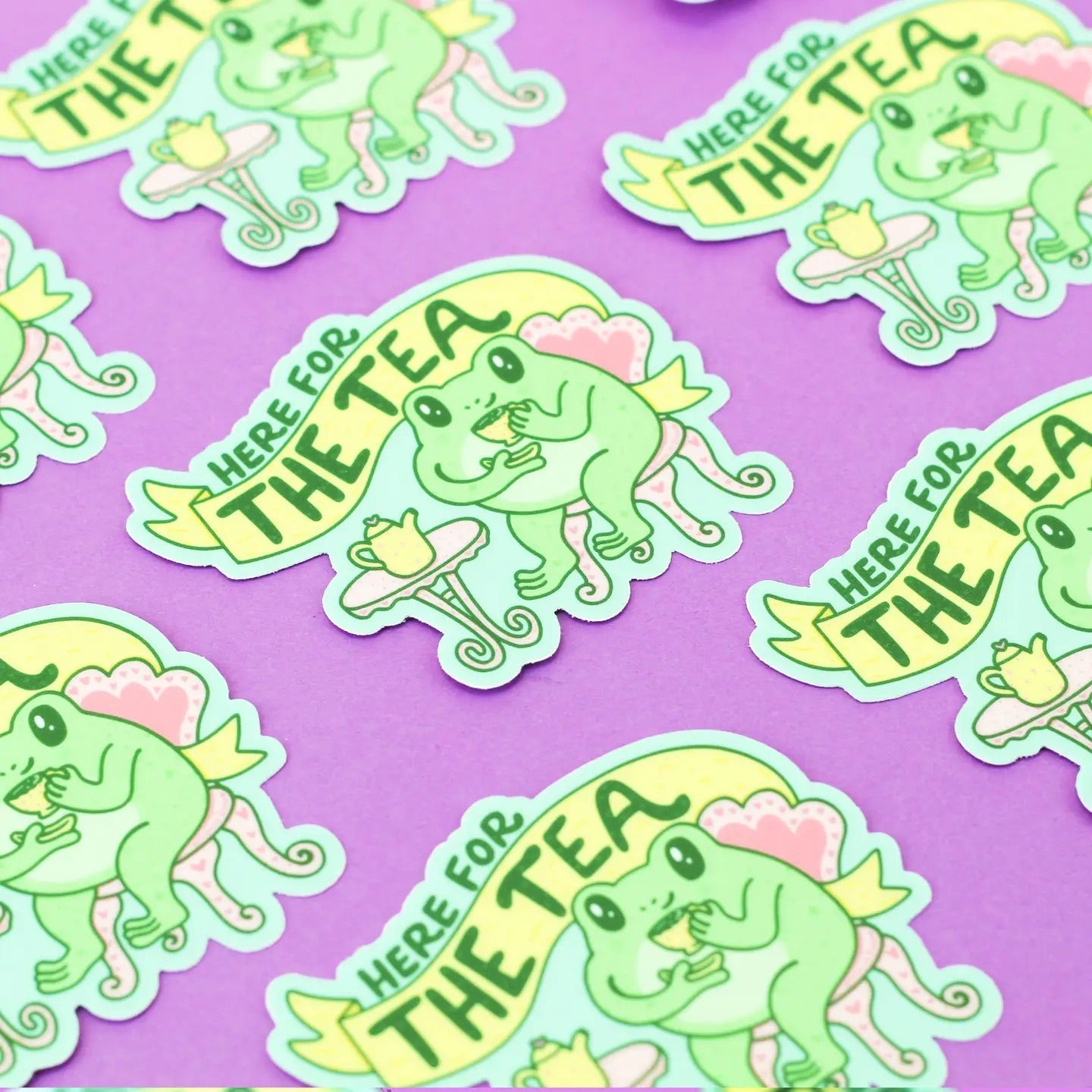 Here For the Tea Frog Gossip Vinyl Sticker - Cloverdilly Kids