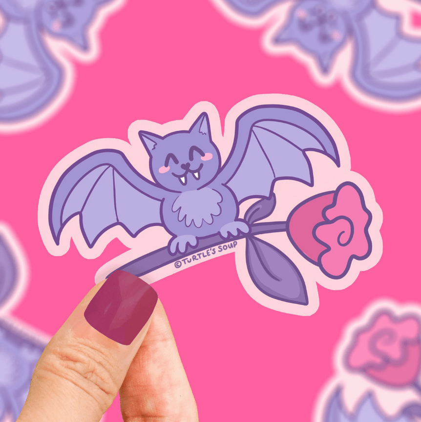 Romantic Bat Delivery Rose Flower Gift Vinyl Sticker - Cloverdilly Kids