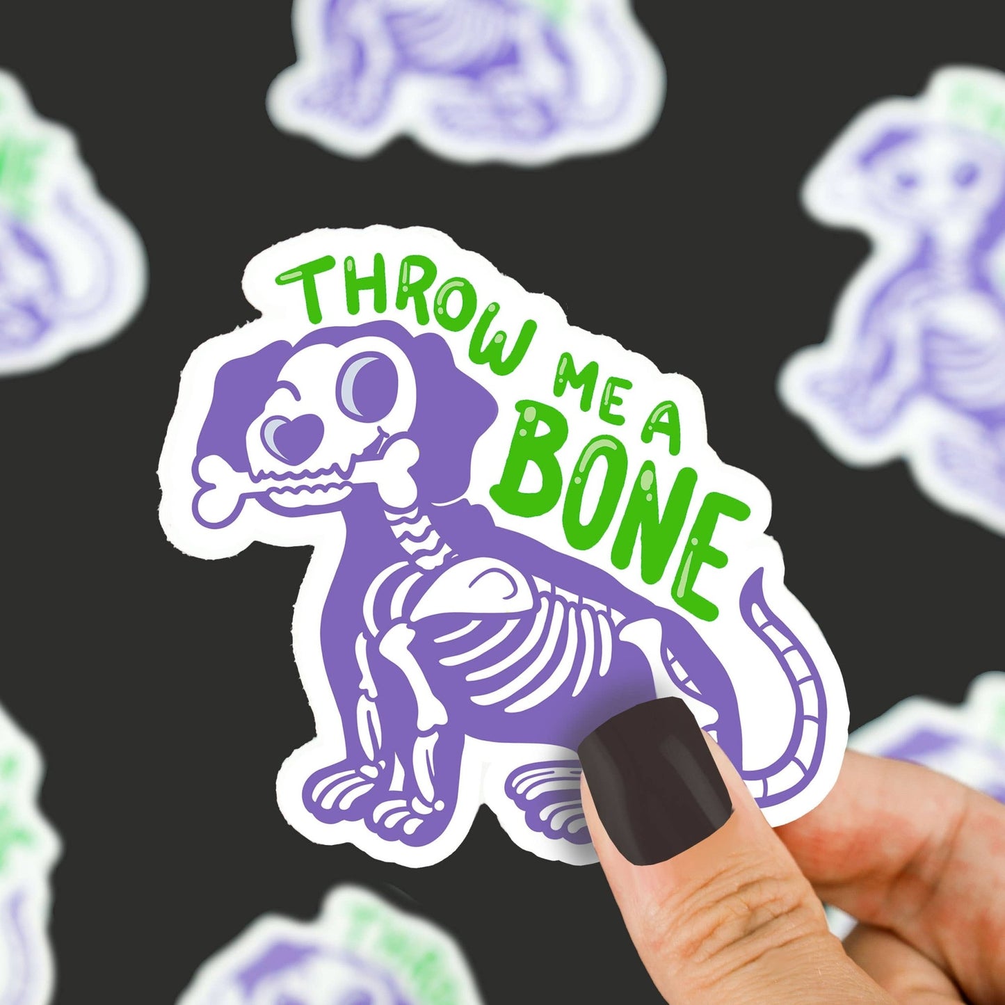 Throw Me A Bone Skeleton Puppy Halloween Vinyl Sticker - Cloverdilly Kids