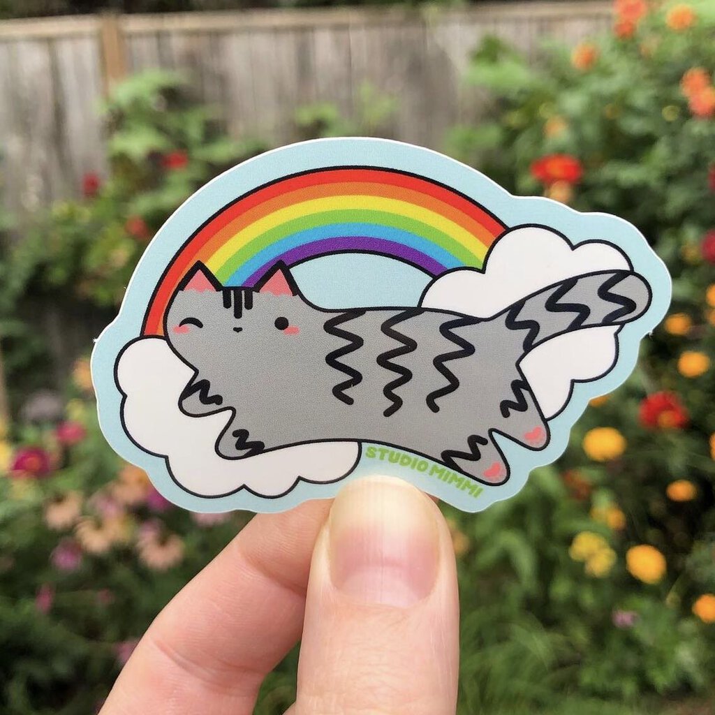 Rainbow Cloud Jumper Vinyl Sticker- Grey Cat
