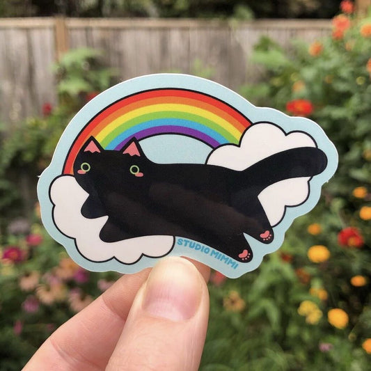 Rainbow Cloud Jumper Vinyl Sticker- Black Cat